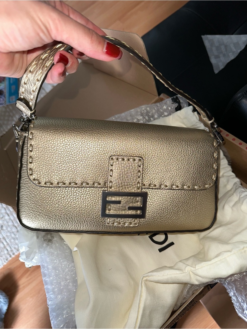 Fendi Metallic Champagne Mini Baguette Shoulder Bag
